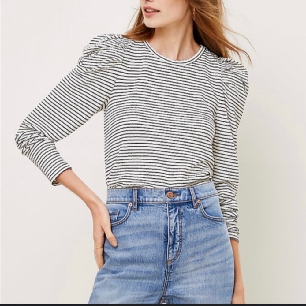 LOFT Puffed Sleeve Striped Black and White Women's Top